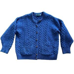 Callan Ireland Cardigan L Blue Marled Fisherman Leather Button 100% Wool Grandpa